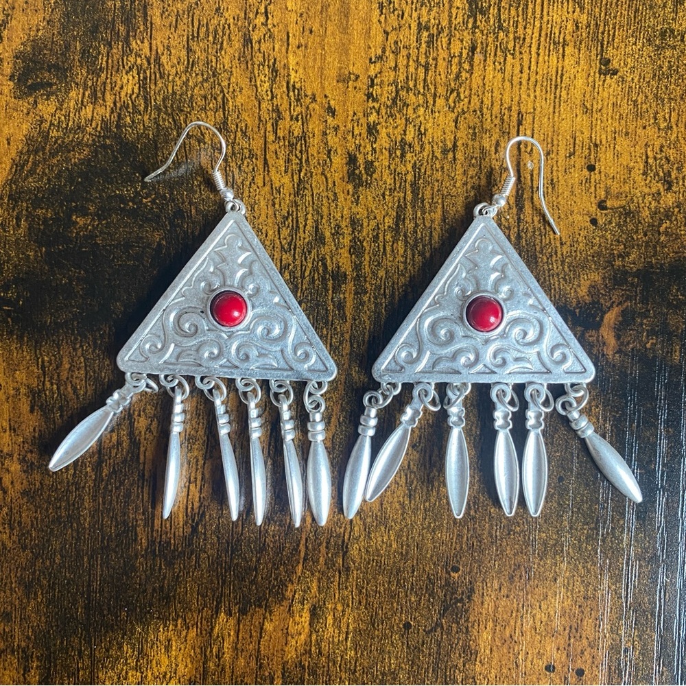 Dangle Earrings, color silver with red accent, from Kazakhstan.